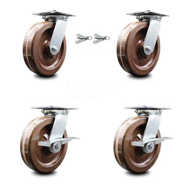 8 Inch High Temp Phenolic Swivel Caster Swivel Locks 2 Brakes SCC, 2PK